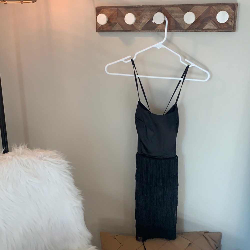 White fox boutique, black fringe cocktail dress.